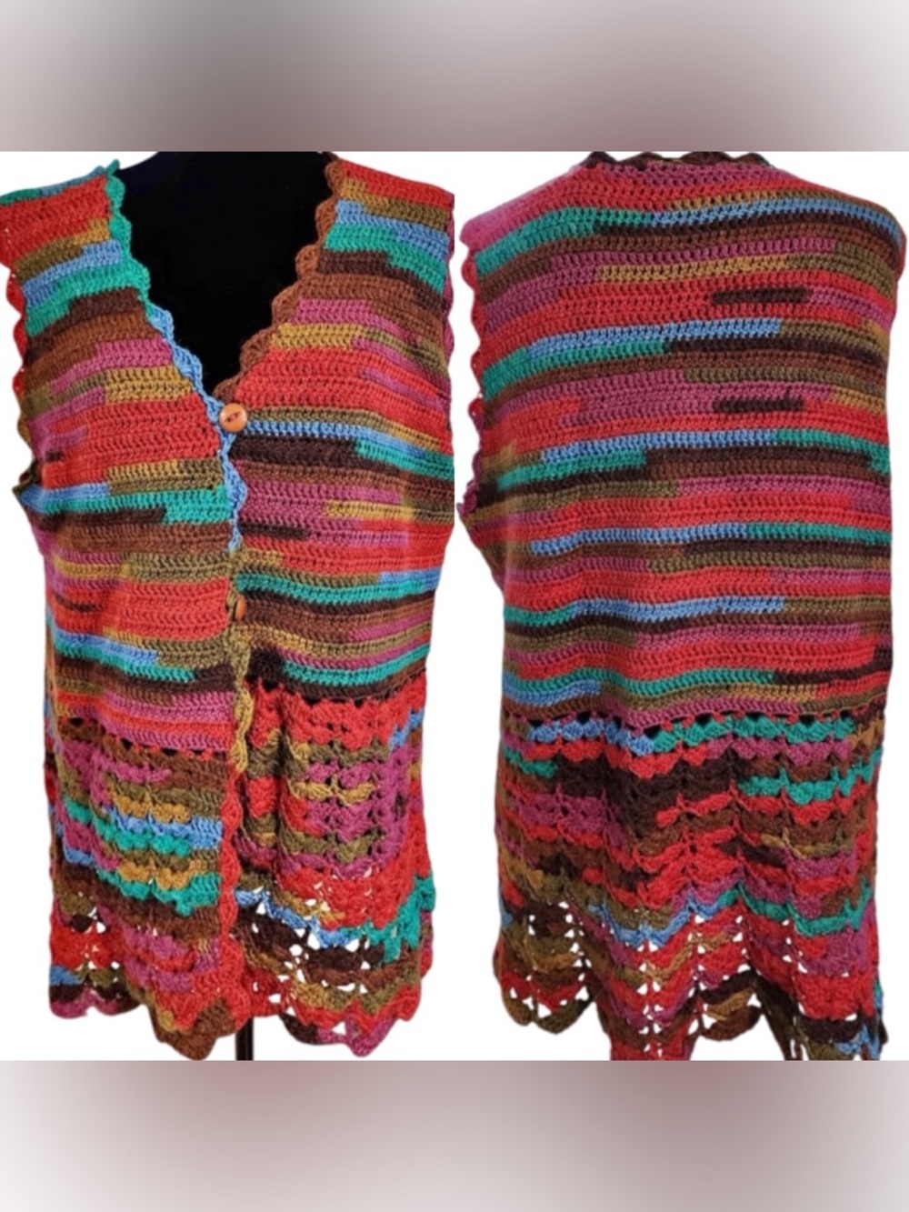Vtg handmade crochet sleeveless cardigan vest rainbow rave festival hippie